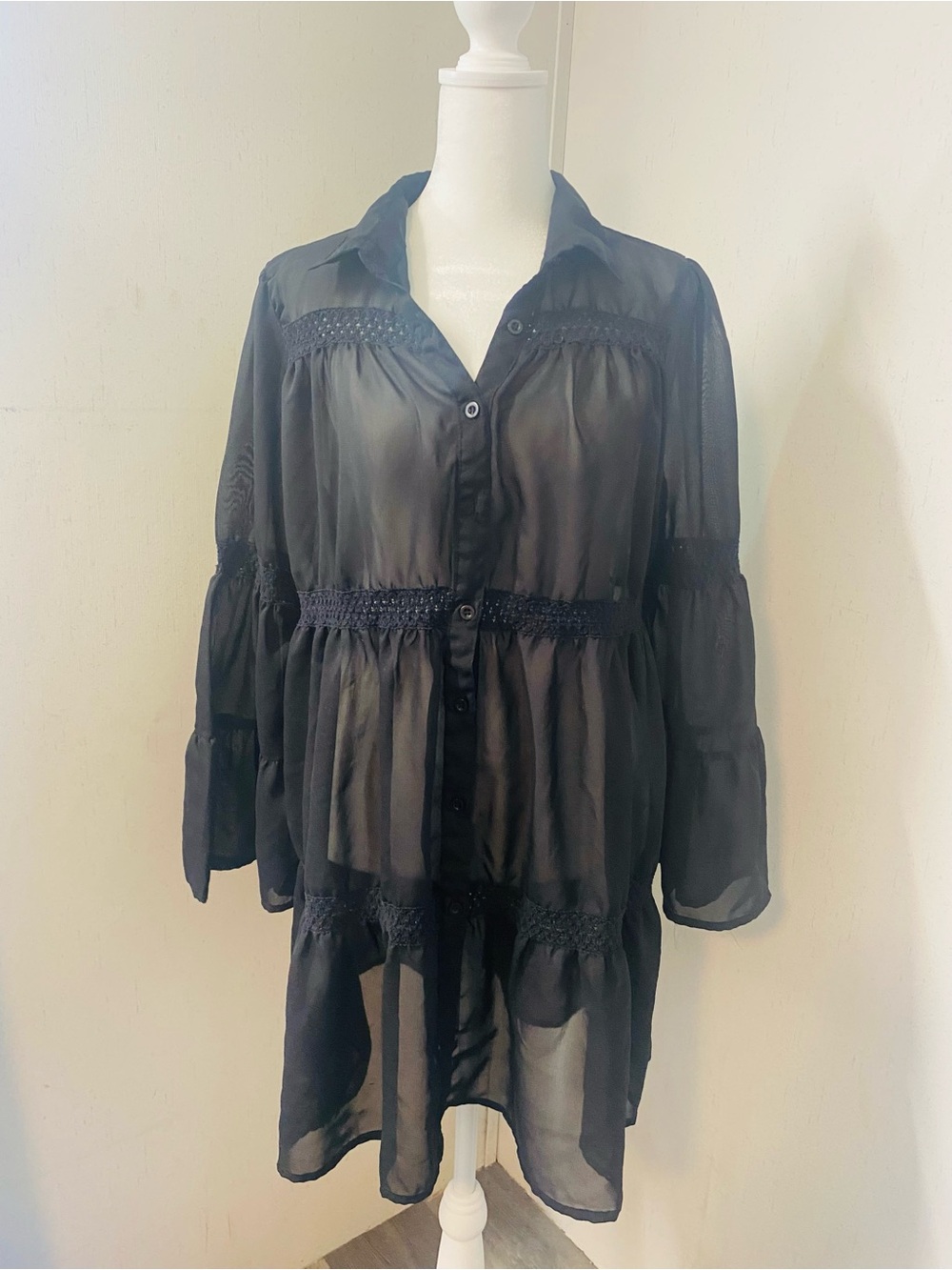 Women's Sheer Black Button-Front Tunic